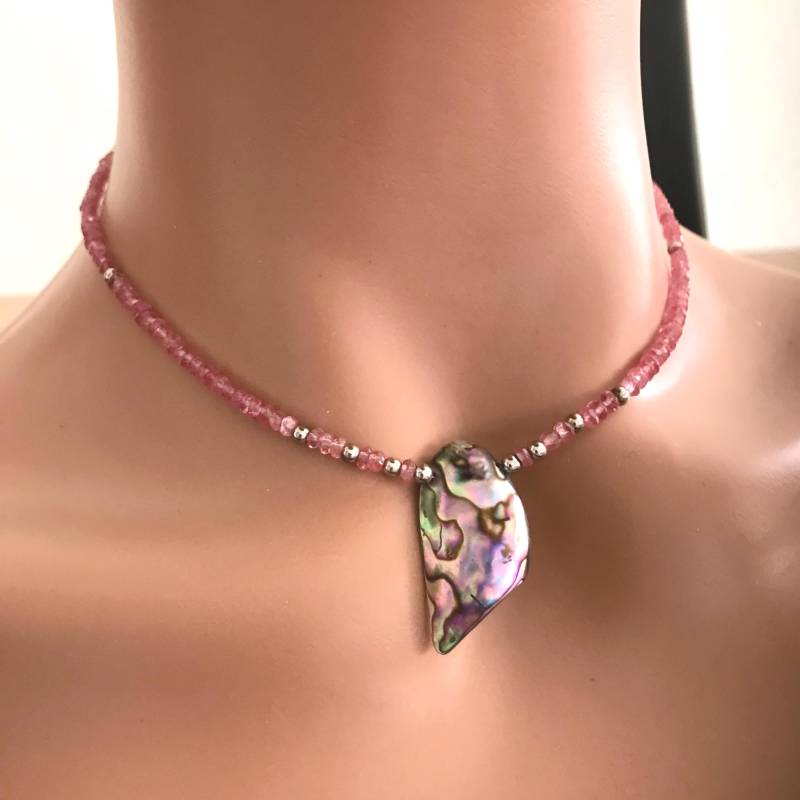 Rosa Lichtspiel Topas-Halskette, 3 Mm, Abalone Mittelstück, Silberkügelchen, 39 cm, Mit 12 cm Verlängerungskette, 925 Silber von ManufaktumKaufmann