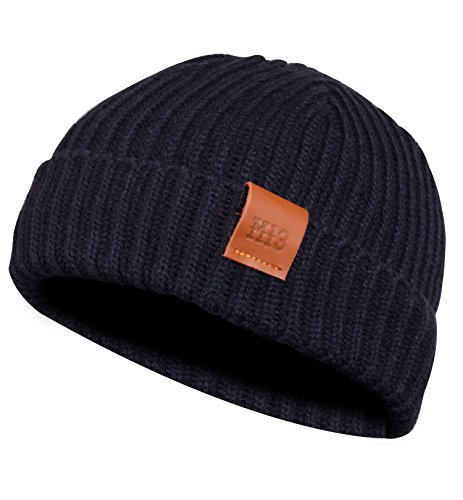 Fishermans Beanie - Mütze, Fischermütze, Strickmütze mit Echt-Leder Veredelung (Manufaktur13/M13) (Marine/Navy) von Manufaktur13