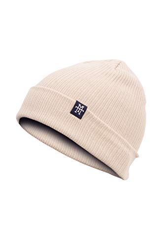 Manufaktur13 Double Sided Cotton Beanie - 2-in-1 Slouch/Cuffed Baumwoll-Beanie Mütze, Strickmütze mit Stick Veredelung aus 100% Organic Baumwolle in vielen Farben zur Auswahl (M13) (Beige) von Manufaktur13