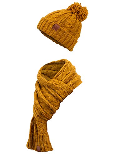 Manufaktur13 Knit Winter Set - Schal & Mütze, 2-teiliges Kombiset aus Strickschal und Beanie, Bommelmütze, Echt-Leder Veredelung (1 Mustard) von Manufaktur13