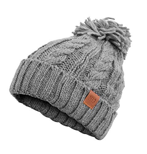 Rough Knit Beanie - Wintermütze, Strickmütze, Bommelmütze mit Leder Patch, Mütze für Herren & Damen (Manufaktur13/M13) (AshGray) von Manufaktur13