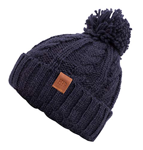 Rough Knit Beanie - Wintermütze, Strickmütze, Bommelmütze mit Leder Patch, Mütze für Herren & Damen (Manufaktur13/M13) (Navy) von Manufaktur13