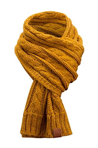 Rough Knit Scarf - Strickschal, Langschal, gestrickt mit Echt-Leder Veredelung, Schal mit Cableknit Muster (Manufaktur13/M13) (1 Mustard) von Manufaktur13