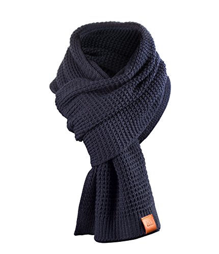 Rough Scarf - Schal, Strickschal, Langschal mit Echt-Leder Veredelung (Manufaktur13/M13) (Navy) von Manufaktur13