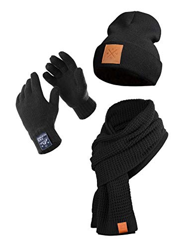 Winter Kombi Set - Schal, Mütze & Handschuhe, 3teiliges Kombiset aus Strickschal, Beanie und Winterhandschuhe, 3 in 1 (Manufaktur13/M13) (Black/Schwarz, L/XL) von Manufaktur13