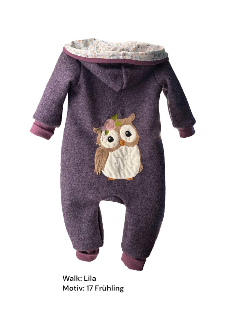 Walkoverall Baby Handmade | Lila Meliert Mit Eulen-Applikation Wollwalk Größen 56-110 von ManufakturHannaBell