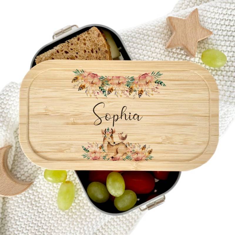 Kinder Brotdose Edelstahl Personalisiert Namen Einschulung Geschenk Mädchen Reh Tiermotiv Rehkitz Boho Lunchbox Schule Einschulungsgeschenk von ManufakturLiebevoll