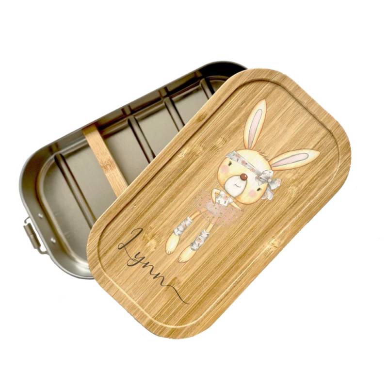 Manufaktur Liebevoll | Edelstahl Brotdose Ballerina Häschen Mädchen Personalisiert Namen Kinde Lunchbox Mit Bambusdeckel Für Kinder von ManufakturLiebevoll