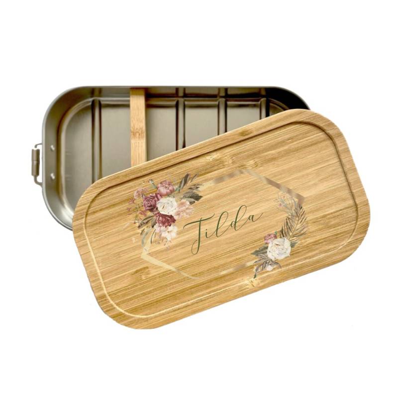Manufaktur Liebevoll | Florale Brotdose Mit Blumen Personalisiert Name Edelstahl Lunchbox Für Frauen I Bambusdeckel Blumenkranz Boho von ManufakturLiebevoll