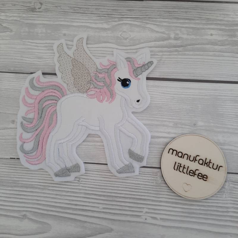 Applikation Einhorn | Pegasus Glitzer Flügel Rosa-Grau - Silber von ManufakturLittlefee