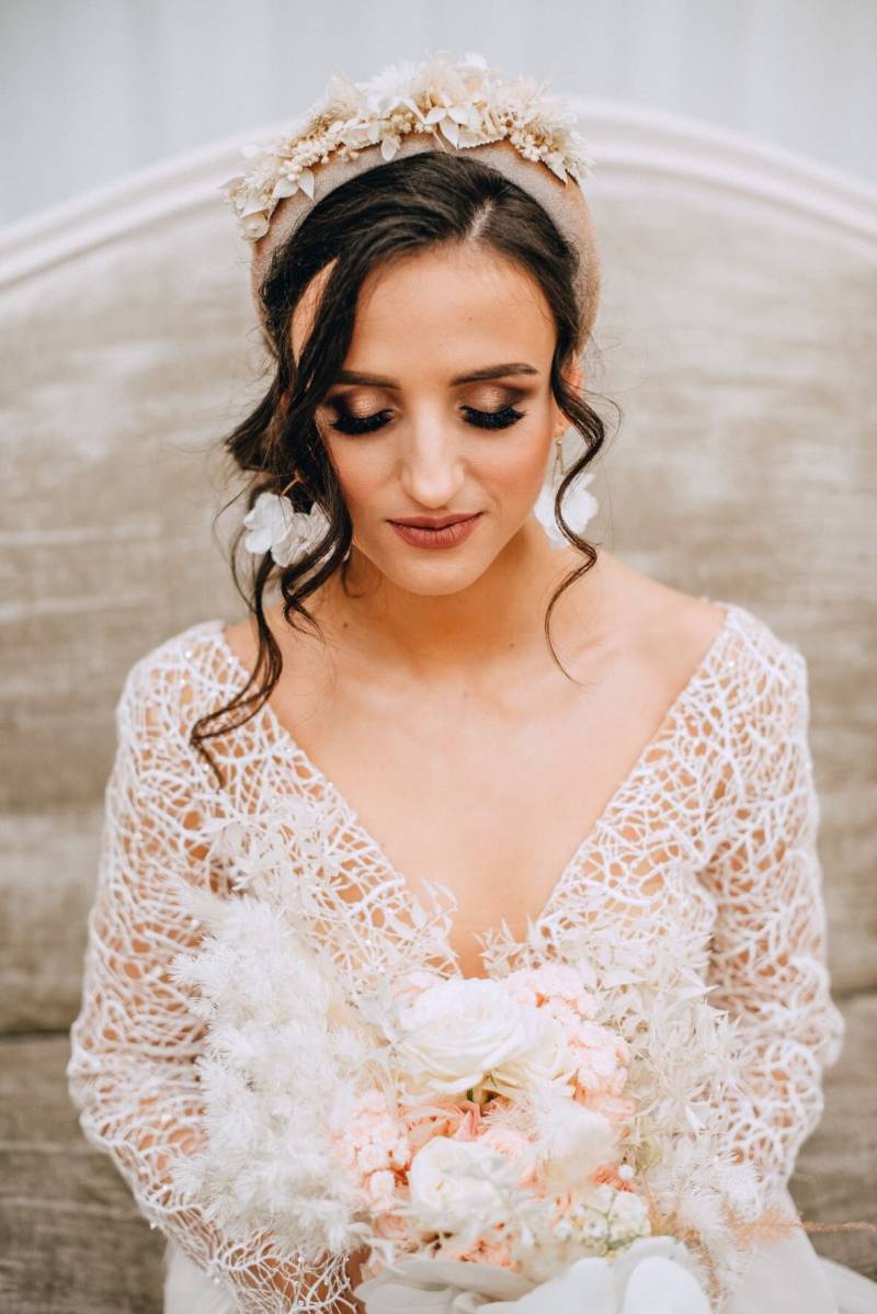 Trockenblume Hochzeit Fascinator Boho Braut Haarband, Samt Blumenkrone von ManufakturaWyobrazni