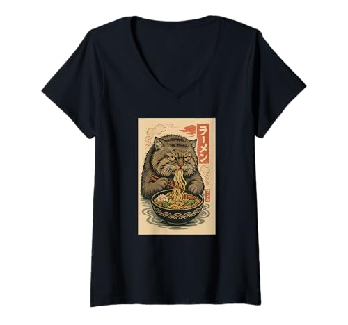 Damen Manul Pallas Katze isst Ramen Nudeln Japanisches Vintage T-Shirt mit V-Ausschnitt von Manul Pallas Katze Ramen Nudeln Retro Kawaii Shop