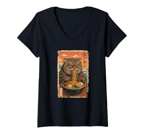 Damen Manul Pallas Katze isst Ramen Nudeln Japanisches Vintage T-Shirt mit V-Ausschnitt von Manul Pallas Katze Ramen Nudeln Retro Kawaii Shop