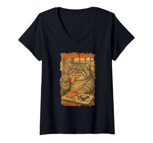 Damen Manul Pallas Katze isst Sushi Japanisches Vintage T-Shirt mit V-Ausschnitt Damen Manul Pallas Katze isst Sushi Japanisches Vintage T-Shirt mit V-Ausschnitt von Manul Pallas Katze Sushi Retro Kawaii Shop