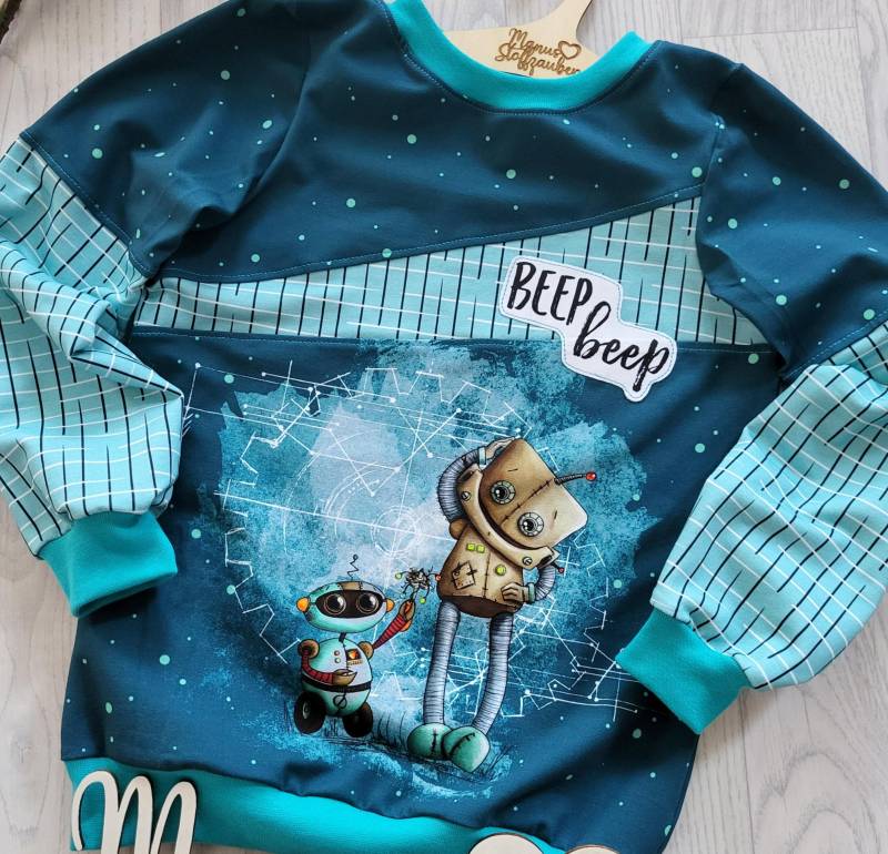 Sweater Pulli Robo Beep Beep Petrol Fuchsfamilie Langarmshirt von ManusStoffzauber