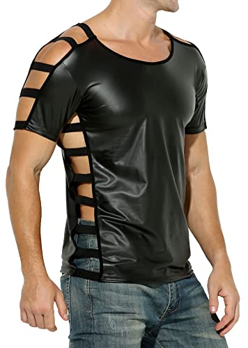 Latex ähnliches Herren Shirt 1/2 Arm- Kunstleder Shirt mit seitlich transparenten Ausschnitten - Grösse XL von Manview