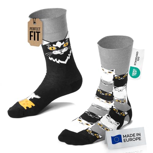 Many Mornings Ungleiche Lustige Socken für Damen und Herren Größe 35-38 Katzen-Motiv Geschenkidee ein Paar Witziges Design von Many Mornings