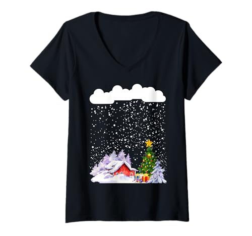 Damen Gemütliche Schneekabine mit Schneeflocken und verschneitem Weihnachtsbaum T-Shirt mit V-Ausschnitt Damen Gemütliche Schneekabine mit Schneeflocken und verschneitem Weihnachtsbaum T-Shirt mit V-Ausschnitt von Many snowflakes falling on mountain hut in winter