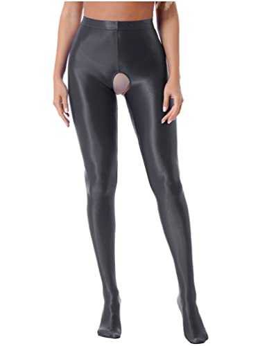 Manyakai Damen Ouvert Strumpfhose Schritt Offen Damen Sexy Leggings Glossy Pantyhose Öl Glänzend Stretch Low Waist Unterhose Unterwäsche Lang Party Clubwear Dunkelgrau XXL von Manyakai