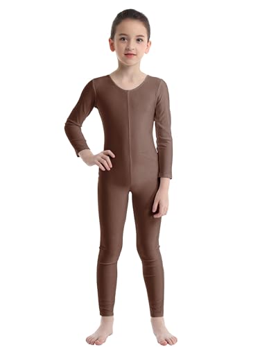 Manyakai Ballettanzug Mädchen Langarm Stretch Gymnastik Body Ganzkörper Ganzkörperanzug Stehkragen Overall Jumpsuit Unitard Dancewear Braun 134-140 von Manyakai