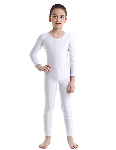 Manyakai Ballettanzug Mädchen Langarm Stretch Gymnastik Body Ganzkörper Ganzkörperanzug Stehkragen Overall Jumpsuit Unitard Dancewear Weiß 122-128 von Manyakai