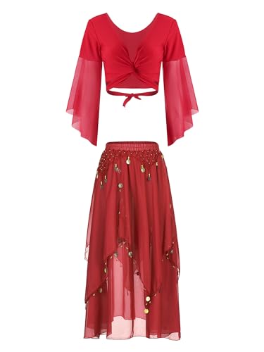 Manyakai Bauchtanz Kostüm Damen Sexy Chiffon Wickeljacke Kurz Top Cut Out Wickel Oberteil Bauchfrei Asymetrisch Tanzrock Midi Rock Mit Münzen Tanzkostüm Rot Einheitsgröße von Manyakai