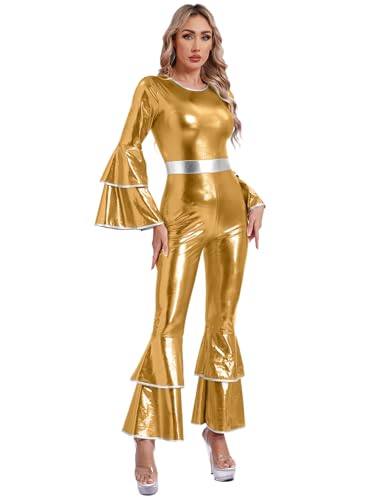 Manyakai Damen Glitzer Jumpsuit Disco Outfit Jumpsuit Bodysuit Overall Glänzend 70er Jahre Fasching Hippie Kostüm Karneval Gold XXL von Manyakai