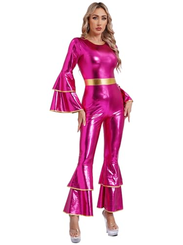Manyakai Damen Glitzer Jumpsuit Disco Outfit Jumpsuit Bodysuit Overall Glänzend 70er Jahre Fasching Hippie Kostüm Karneval Hot Pink M von Manyakai