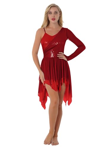 Manyakai Damen Tanzkleid Lyrisch Pailletten Glitzer Ballettkleid Ärmellos Chiffon Modern Trikotkleid Maxikleid Latein Contemporary Bühnenanzug Kostüm Burgundy L von Manyakai