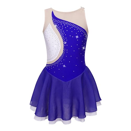 Manyakai Kinder Ballettkleid Mädchen Ärmellos Strass Glitzer Tanzkleid Eiskunstlauf Patchwork Kürkleider Rollkunstlauf Kleid Wettbewerb Performance Bekleidung Royal Blau 146-152 von Manyakai