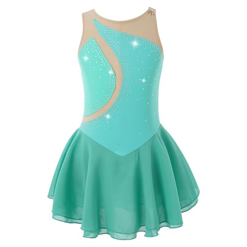 Manyakai Kinder Ballettkleid Mädchen Ärmellos Strass Glitzer Tanzkleid Eiskunstlauf Patchwork Kürkleider Rollkunstlauf Kleid Wettbewerb Performance Bekleidung Grün 146-152 von Manyakai