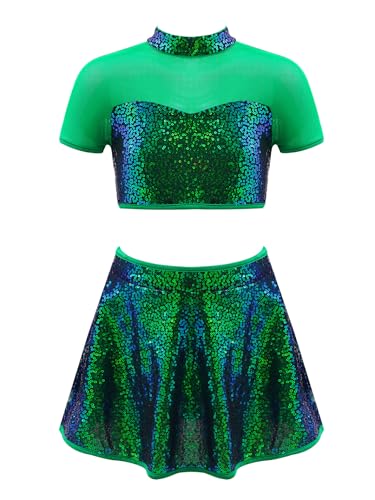Manyakai Kinder Mädchen Ballettanzug Pailletten Glitzer Oberteil Kurz Tanz Shirt Cut Out Top Mit High Waist Tanzrock A Linien Ballettrock Dancewear Grün 110-116 von Manyakai