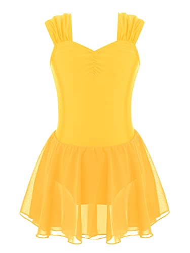 Manyakai Kinder Mädchen Ballettkleid Eiskunstlauf Kleid Ärmellos Ballett Body Leotard Gymnastics Mit Chiffon Rock Ballettrock Tanzbekleidung Gelb 122-128 von Manyakai