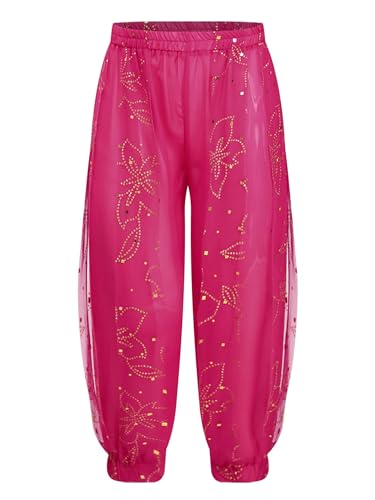 Manyakai Kinder Mädchen Bauchtanz Hose High Waist Tanzhose Leggings Tüll Schicht Orientalische Hose Arabisch Tanzkostüm Für Fasching Karneval Hot Pink 134-140 von Manyakai