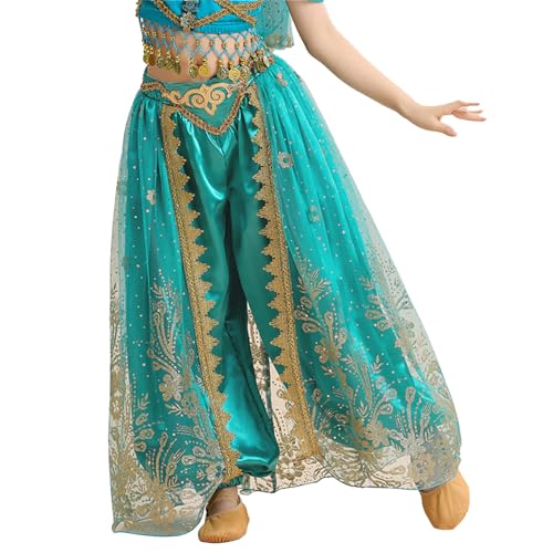 Manyakai Kinder Mädchen Bauchtanz Hose Pailletten Tüll Schicht Orientalische Hose Arabisch Tanzkostüm Für Fasching Karneval EIN Pfauenblau 110-128 von Manyakai