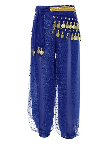 Manyakai Kinder Mädchen Bauchtanz Hosen High Waist Tanzhose Leggings Orientalisch Tribal Fransen Quaste Haremshose Performance Tanzhose Tanzkostüm Königsblau A 134-152 von Manyakai