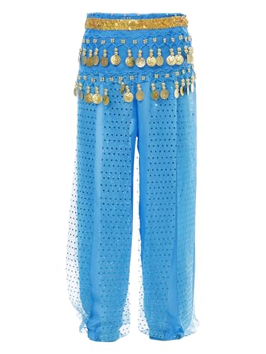 Manyakai Kinder Mädchen Bauchtanz Hosen High Waist Tanzhose Leggings Orientalisch Tribal Fransen Quaste Haremshose Performance Tanzhose Tanzkostüm Himmelblau A 134-152 von Manyakai
