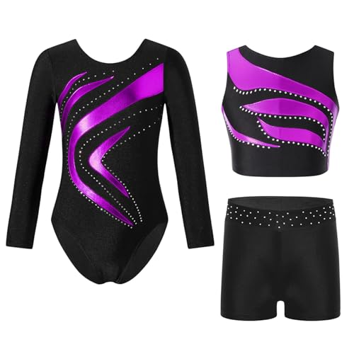 Manyakai Kinder Mädchen Gymnastikanzug Glänzend Ballettanzug Langarm Turnanzug Tanzbody mit Top und Shorts Gymnastik Dancewear Violett 134-140 von Manyakai
