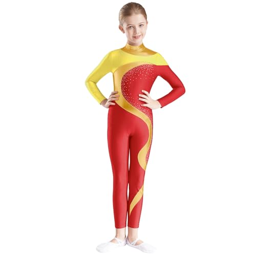 Manyakai Kinder Mädchen Gymnastikanzug Langarm Ganzkörper Sportbody Strass Ballettanzug Tanztrikot Wettbewerb Tanzkostüm Gelb Rot 134-140 von Manyakai