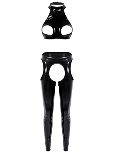 Manyakai Lack Latex BH Busenfrei Damen Unterbrust Korsett Sexy Mit Wetlook Leggings Offener Schritt Dessous Reizwäsche Gogo Tanz Rave Outfits Schwarz 3XL von Manyakai