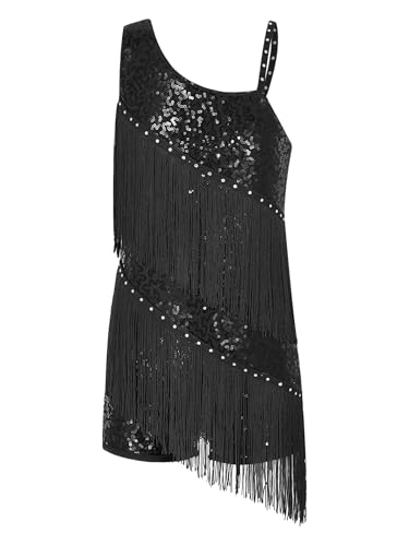 Manyakai Latein Tanz Kleid Mädchen Ärmellos Paillettenkleid Mit Fransen Unregelmäßig Träger Flapper Kleid 20er Jahre Wettbewerb Performance Bekleidung Schwarz 134-140 von Manyakai