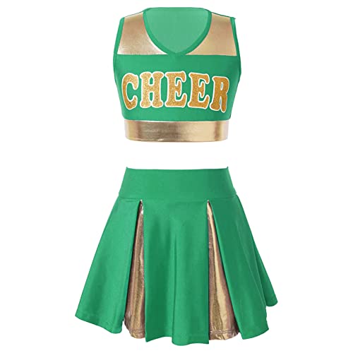 Manyakai Mädchen Cheer Leader Outfit Kinder Ärmellos Crop Top Mit Faltenrock Cheerleading Karneval Fasching Party Halloween Set Wett"be"werb Kleidung Grün 128 von Manyakai