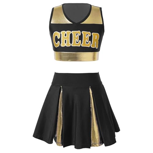 Manyakai Mädchen Cheer Leader Outfit Kinder Ärmellos Crop Top Mit Faltenrock Cheerleading Karneval Fasching Party Halloween Set Wett"be"werb Kleidung Schwarz 164 von Manyakai