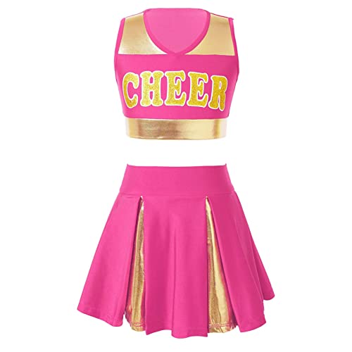 Manyakai Mädchen Cheer Leader Outfit Kinder Ärmellos Crop Top Mit Faltenrock Cheerleading Karneval Fasching Party Halloween Set Wett"be"werb Kleidung Hot Rosa 128 von Manyakai