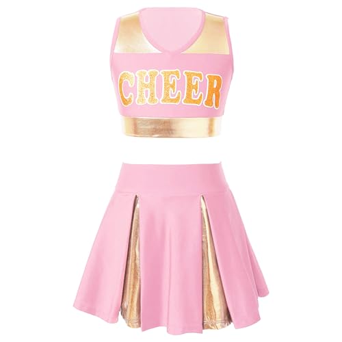 Manyakai Mädchen Cheer Leader Outfit Kinder Ärmellos Crop Top Mit Faltenrock Cheerleading Karneval Fasching Party Halloween Set Wett"be"werb Kleidung Light Pink 116 von Manyakai