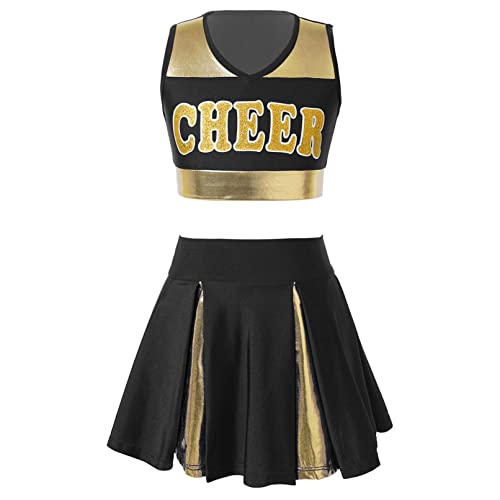 Manyakai Mädchen Cheer Leader Outfit Kinder Ärmellos Crop Top Mit Faltenrock Cheerleading Karneval Fasching Party Halloween Set Wett"be"werb Kleidung Schwarz 140 von Manyakai