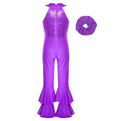 Manyakai Mädchen Disco Hippie Outfits Ärmellos Jumpsuit Overall Tanz Bodysuit Tanz Trikot mit Haarband Halloween 70er Jahre Fasching Kostüm Violett 122-128 von Manyakai