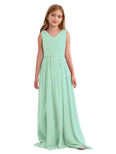 Manyakai Mädchen Kleider Blumenmädchen Prinzessin Kleid V-Ausschnitt Chiffon Sommer Kleid Langes Abendkleid Festlich Partykleid Minzgrün 134-140 von Manyakai