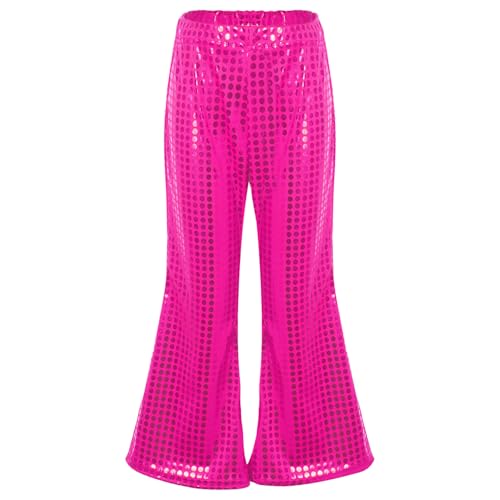 Manyakai Mädchen Schlaghose Glänzend Pailletten Tanzhose Ausgestellten Hosen Hip Hop Glockenhose Kinder Tanzkleidung Festlich Anzug Streetwear Sport Hot Pink 134-140 von Manyakai