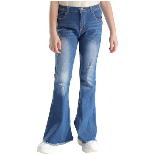 Manyakai Mädchen Schlaghose Stretch Jeanshose High Waist Denim Pants Ausgestellten Hosen Skinny Fit Glockenhose Streetwear Blau 122-128 von Manyakai
